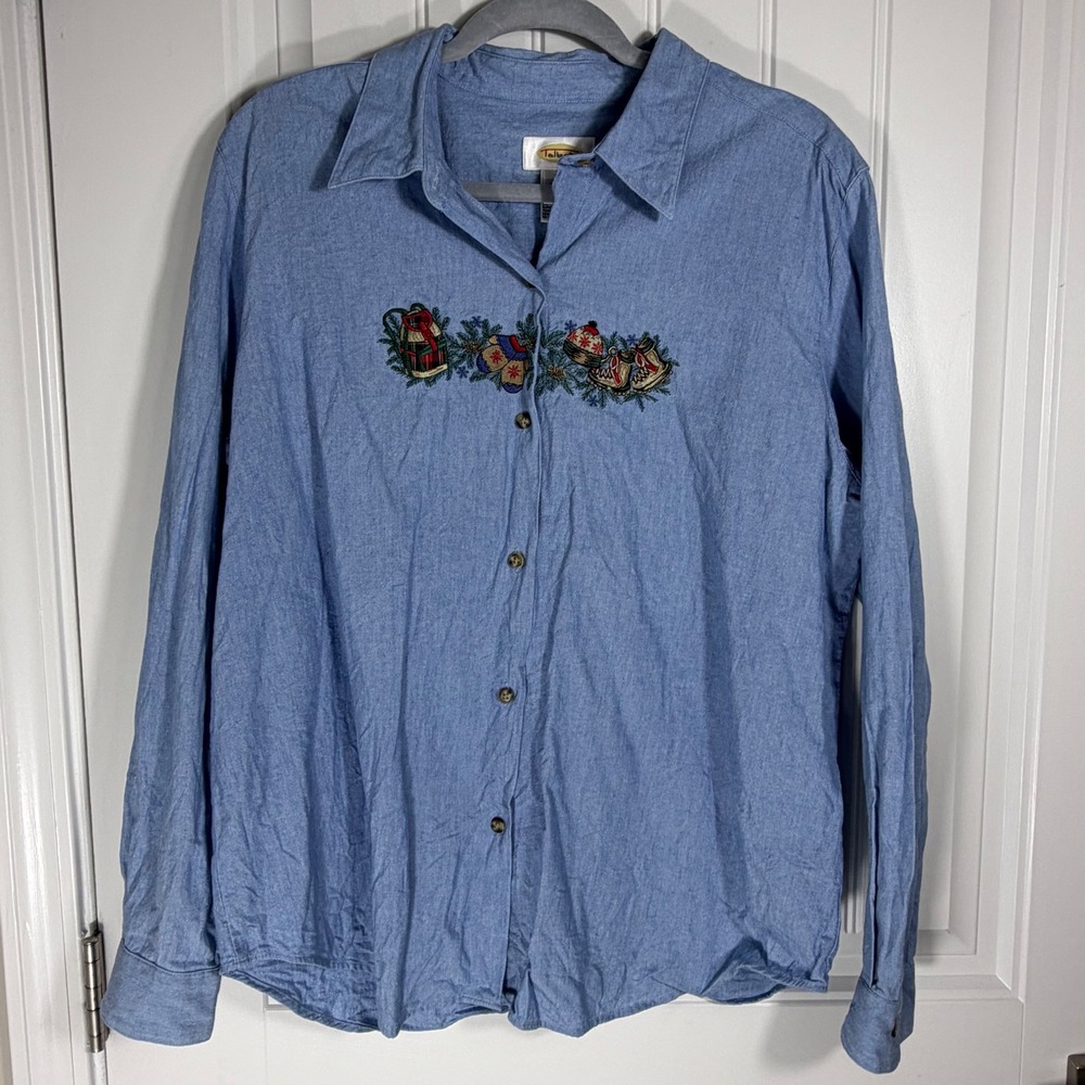Vintage Talbots Womens Embroidered Winter Holiday Button Down Shirt Large